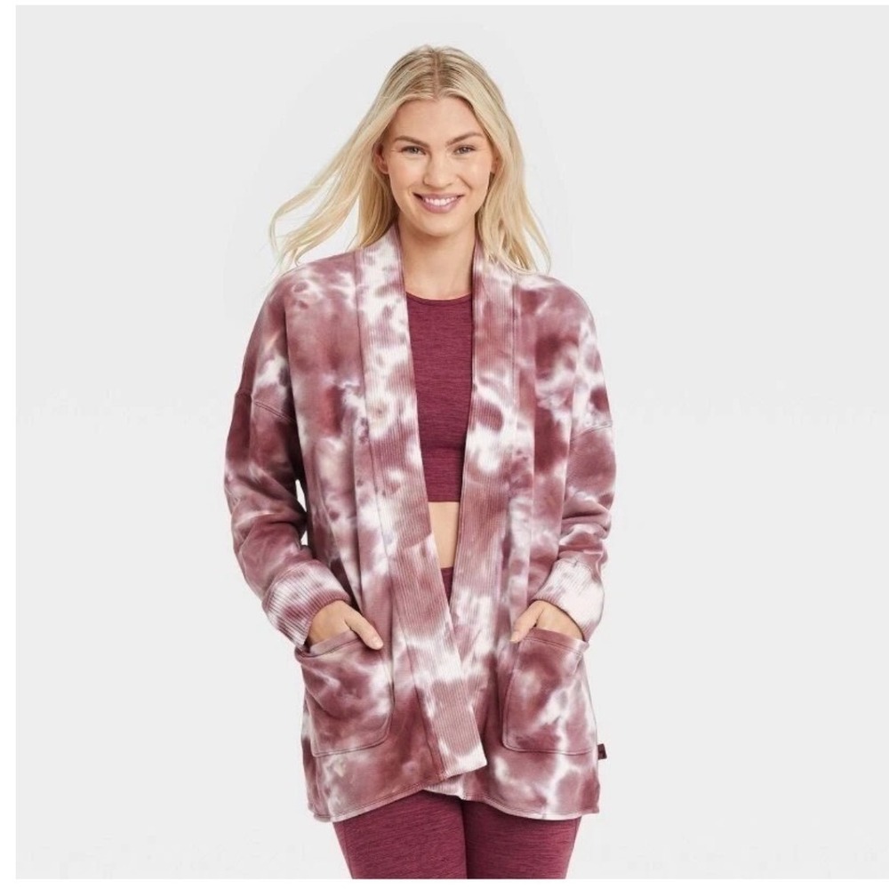 JoyLab Womens Tie Dye French Terry‎ Open Front Cardigan Burgundy White Sz Small